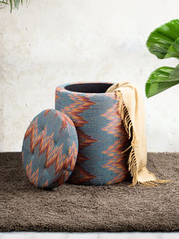 Nestroots - Blue Crest Jacquard Wooden Storage Upholstered Ottoman