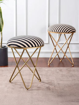 Nestroots - Black & White Zebra Fabric Cross Metallic Stools (Pack of 2)