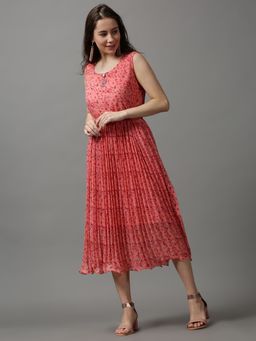 SHOWOFF - Women's Round Neck Embellished Orange Midi Dress (Set of 2)