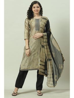 Biba - Beige Chanderi Unstitched Suit (Set of 3)