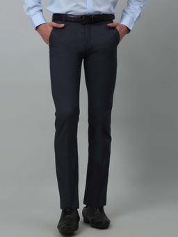 Cantabil - Navy Blue Checkered Regular Fit Mid Rise Formal Trouser