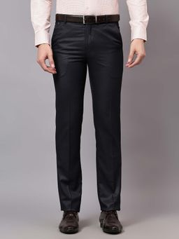 Cantabil - Navy Blue Solid Regular Fit Mid Rise Formal Trouser