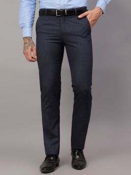 Cantabil - Navy Blue Checkered Regular Fit Mid Rise Formal Trouser