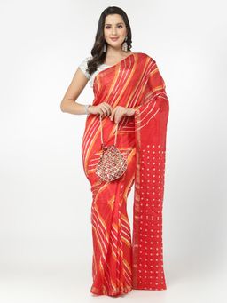 KISHORI - Silk Bandhani and Zari Weaving Saree with Unstitched Blouse - Red & White