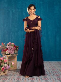 Gajra Gang - Jodhpur Tales Wine Crop Top with Skirt & Ruffled Dupatta GGLEH44 (Set of 3)