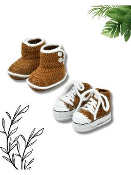 FUNKRAFTS - Handmade Baby Girl and Boy Woollen Crochet Baby Shoes-Brown (Set of 2)