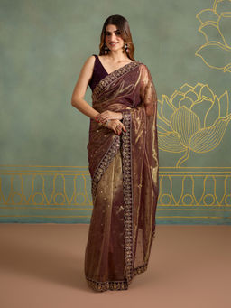 Likha - Golden Net Sequin Embroidered Saree with Unstitched Blouse LIKPFSAR11