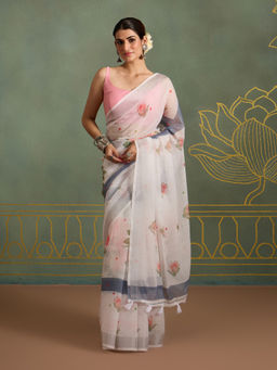 Likha - Linen All Over Printed White Saree with Unstitched Blouse LIKPFSAR13