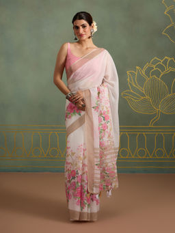 Likha - Linen Printed White Saree with Unstitched Blouse LIKPFSAR17