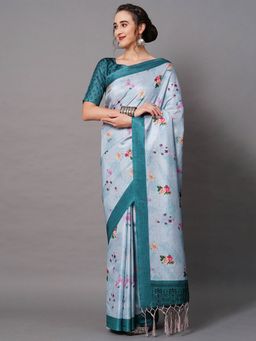 Odette - Blue Festive Silk Blend Printed Saree with Unstitched Blouse