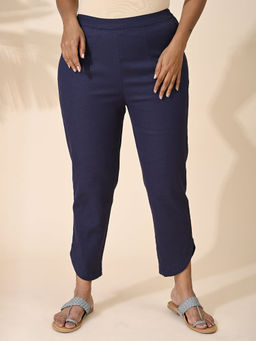 Maba India - Navy Blue Curved Slit Formal Cotton Pants