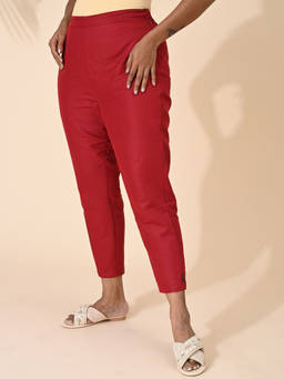 Maba India - Red Straight Fit Cotton Shell Buttons Pants