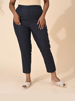 Maba India - Navy Blue Straight Fit Cotton Shell Buttons Pants