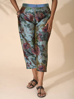 Maba India - Blue Dupion Silk Floral Print Pant