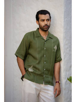 Zebein - Men Green Shawl Collar Linen Shirt