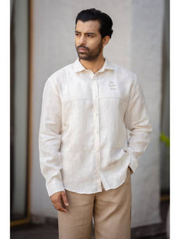 Zebein - Men Off White Classic Collar Linen Shirt