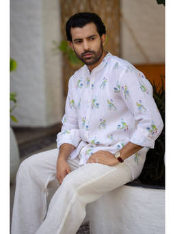 Zebein - Men Off White Mandarin Collar Linen Shirt