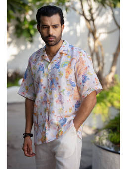 Zebein - Men Off White Shawl Collar Linen Shirt
