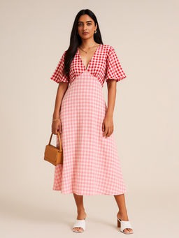 Backup Studio - Pink Gingham Checked A-Line Dress
