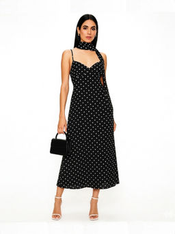 Backup Studio - Black Polka Dots Slip Dress With Scarf