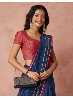 Fabindia - Navy Blue Silk Blend Clutch with Detachable Strap (M)