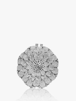 Kazo - Silver Rhinestone Studded Flower Clutch with Detachable Strap (S)