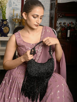 Odette - Black Cutdana Beads Tasselled Clutch with Detachable Strap