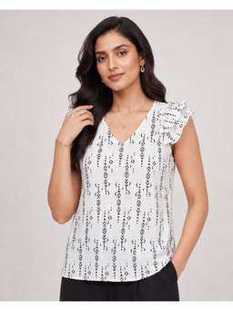 Twenty Dresses by Nykaa Fashion - White Printed V-Neck Top with Ruffle Sleeves