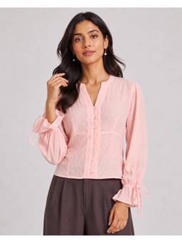 Twenty Dresses by Nykaa Fashion - Light Pink Swiss Dot V-Neck Button-Front Top