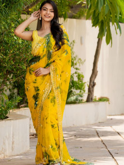 Pretty Pallu - Yellow Tie & Dye Mirror Work Saree without Blouse