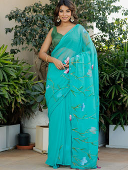 Pretty Pallu - Turquoise Hand Printed Floral Saree without Blouse