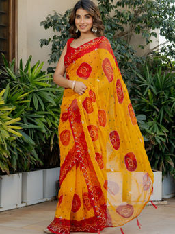 Pretty Pallu - Yellow & Red Bandhej Saree without Blouse