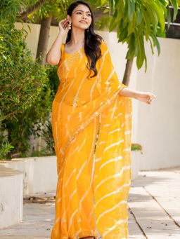 Pretty Pallu - Yellow Lahriya Mirror Work Saree without Blouse