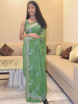 Pretty Pallu - Green Mirror Work Saree without Blouse