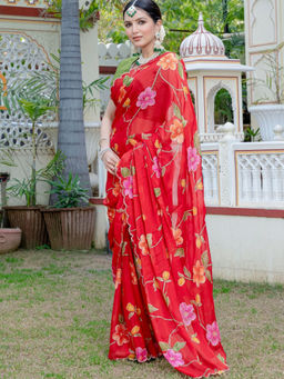 Pretty Pallu - Red Floral Print Saree without Blouse