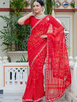 Pretty Pallu - Red Mohini Bandhini Saree without Blouse