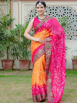 Pretty Pallu - Pink Bhandhini Emboridered Saree without Blouse