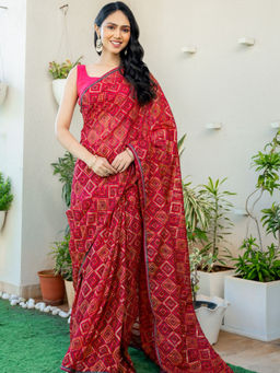 Pretty Pallu - Red Bandhani Printed Saree without Blouse