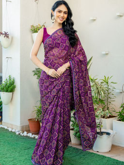 Pretty Pallu - Purple Bandhani Printed Saree without Blouse