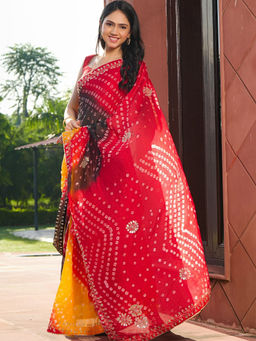 Pretty Pallu - Red Bandhani Grace Emboridered Saree without Blouse