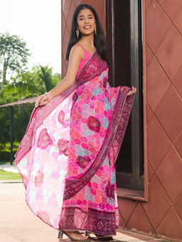 Pretty Pallu - Pink Rang Bandhani Printed Ethnic Saree without Blouse