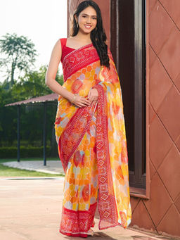 Pretty Pallu - Yellow Bandhani Printed Ethnic Saree without Blouse