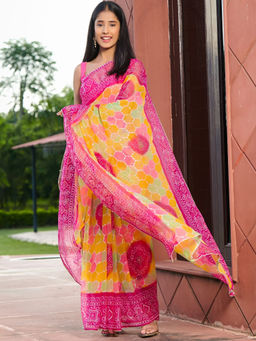 Pretty Pallu - Pink Bandhani Printed Ethnic Saree without Blouse