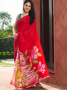 Pretty Pallu - Red Salvia Floral Saree without Blouse