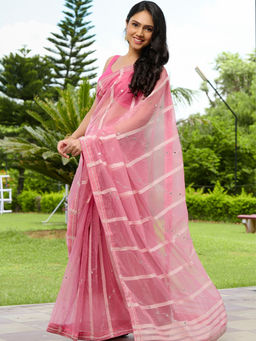 Pretty Pallu - Pink Salmon Striped Embroidered Saree without Blouse