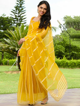 Pretty Pallu - Yellow Salmon Striped Embroidered Saree without Blouse
