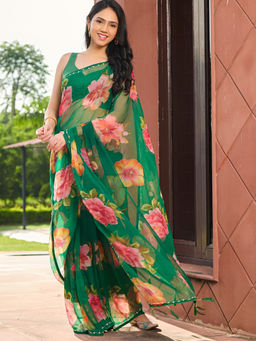 Pretty Pallu - Green Salvia Floral Printed Saree without Blouse