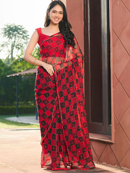 Pretty Pallu - Red Checked Embroidered Saree without Blouse