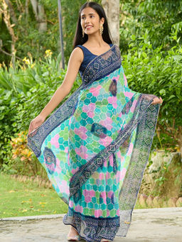 Pretty Pallu - Blue Bandhani Printed Ethnic Saree without Blouse
