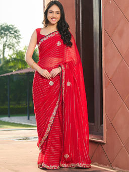 Pretty Pallu - Red Festive Emboridered Saree without Blouse
